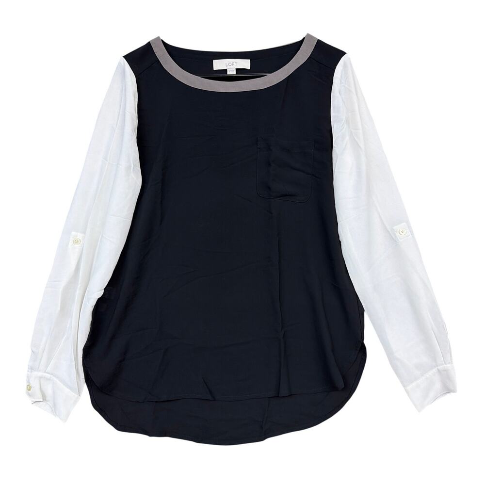 LOFT Womens Blouse Black Multi Crew Neck Sheer Long Sleeve Polyester Small